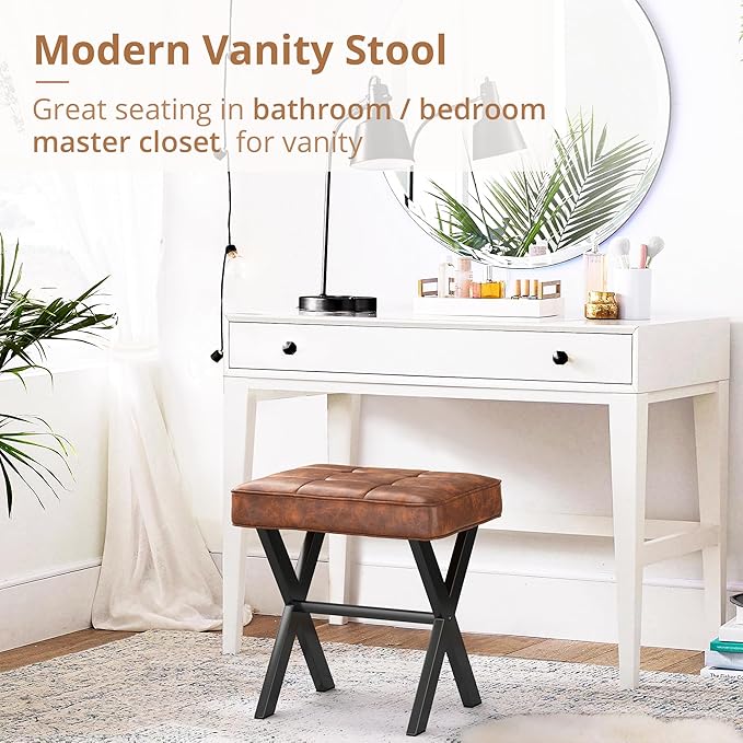 LUE BONA Vanity Stool, Square Faux Leather Makeup Stool with Metal X Legs, Small Ottoman Stool Chair for Vanity, Modern Padded Vanity Seat Foot Rest Stool for Makeup Room, Living Room, Reddish Brown