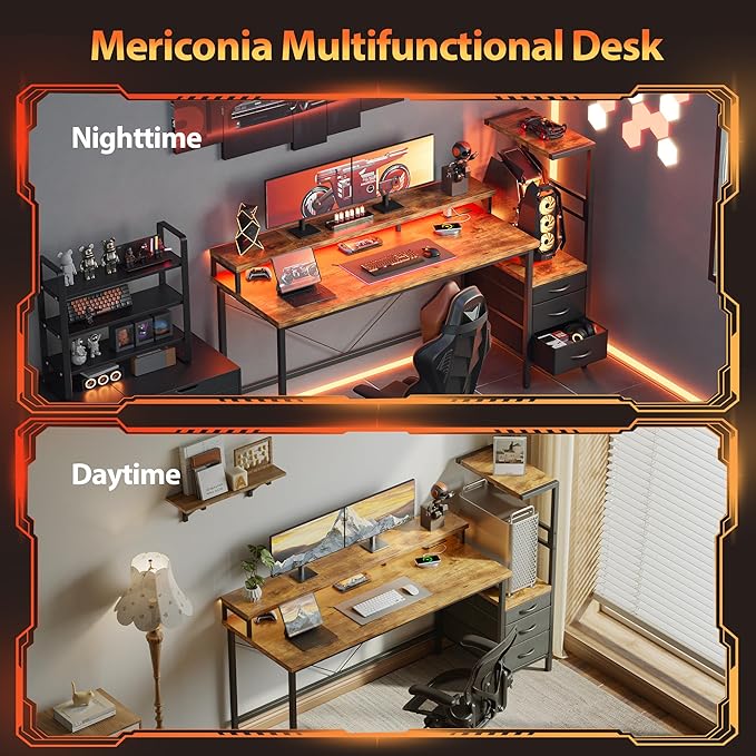Mericonia 68 inch Gaming Desk with LED Lights & Power Outlets, Reversible Computer Desk with Storage Drawers & Monitor Stand, Large Gaming Table for Home Office