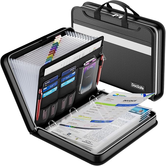 DocSafe File Organizer Zipper Binder with 30 Sheet Protector,Fireproof Accordion 12-Tab Expanding File Folder with Multiple Pockets,Home School Office Safe Storage for Documents,1.5-Inch O-Ring,Black