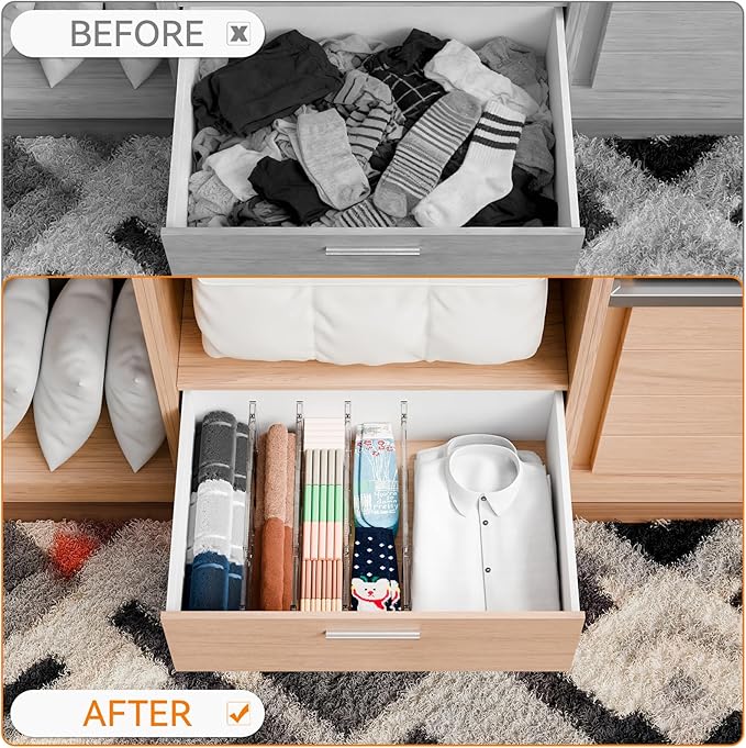 Yieach 12 Pack Clear Acrylic Drawer Divider 6 Inch High,Expandable from 14-20'',Adjustable Dresser Drawer Dividers for Baby Clothing,Underwear and Sock,Separators,Deep Drawer Separators for Kitchen