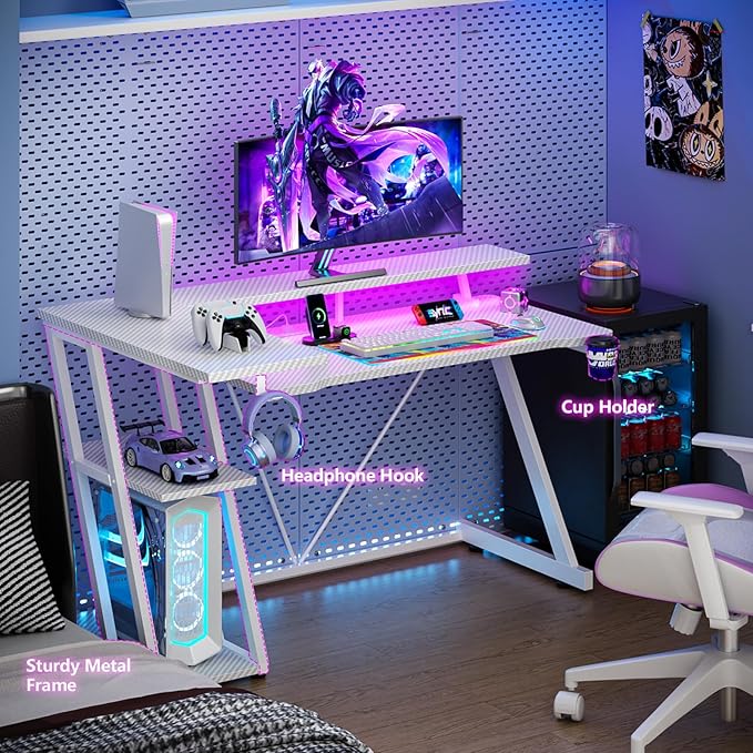 Korfile 47 Inch White Gaming Desk with Power Outlet & LED Lights, Corner Computer Desk with 3 Tiers Storage Shelves, L Shaped Gaming Desk with Monitor Stand for Bedroom