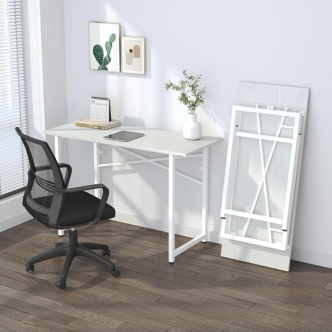Lutown-Teen Folding Desk 47 inch No Assembly Required Home Office Table, Writing Gaming Computer Camping Desk, White
