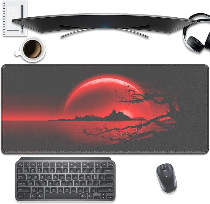 Crimson Moon Night Mouse Pad Desk Pad, 27.5x11.8 in Large Mouse Pad Extended Keyboard Mousepad with Stitched Edges, Waterproof Non-Slip Rubber Base for Office Computer Laptop Home