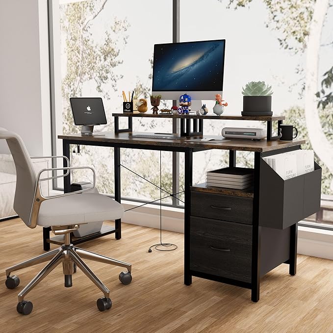 Home Office Desk with Side Pocket and Drawers, Modern Computer Desk for Small Space Bedroom, 47 Inch Gaming Desk with Power Outlet & 2 Movable Monitor Shelves (Rustic Brown)