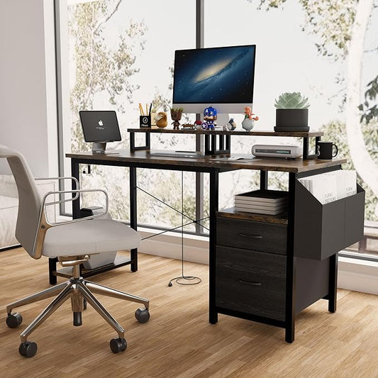 Home Office Desk with Side Pocket and Drawers, Modern Computer Desk for Small Space Bedroom, 47 Inch Gaming Desk with Power Outlet & 2 Movable Monitor Shelves (Rustic Brown)