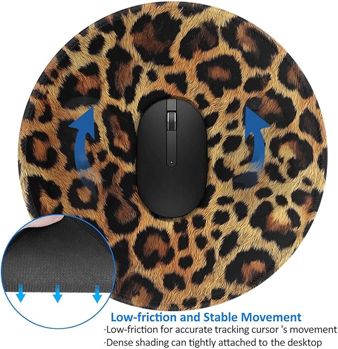 Brown Leopard Round Mouse Pad Premium Textured Mouse Mat Washable Mousepads with Extended Stitched Edges Non Slip Rubber Base Small Mousepad 7.9 X 7.9 X 0.12 Inches