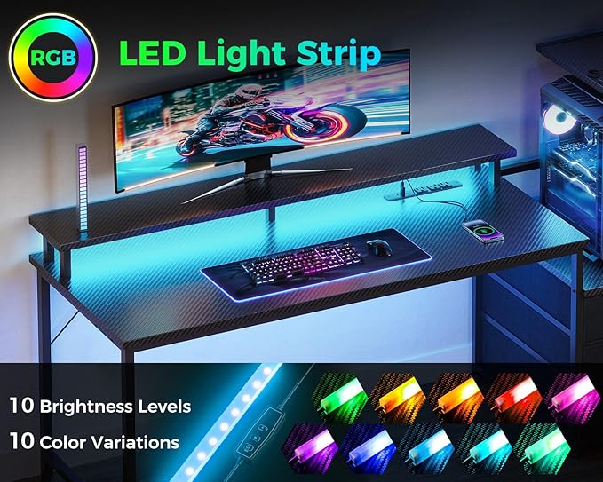 Casaottima 59 Inch Gaming Desk with USB Charging Ports & LED Light - Reversible Computer Desk with 3 Fabric Drawers, Monitor Stand, CPU Stand, Modern Office Desk, Pure Black