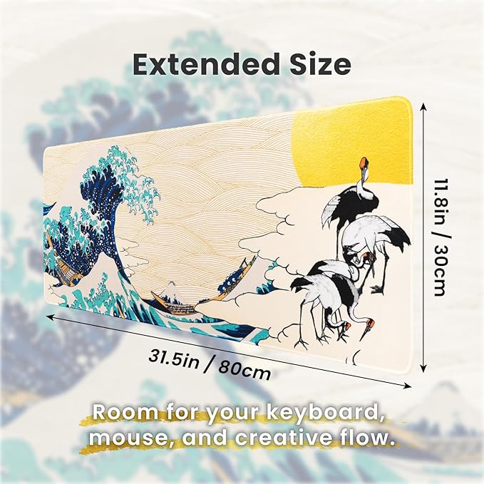 BELLEMOND Japanese Art Desk Mat | Large 31.5x11.8in Anime Mouse Pad for Keyboard & Mouse | Non-Slip Base, Water-Repellent | Original Japanese Design | Waves of Harmony