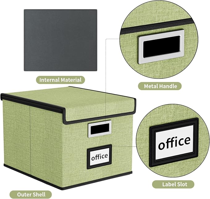 File Organizer Box with Lid, Collapsible File Folder Organizer for Office Document Storage, Filing Box with Plastic Slide for Letter Size Hanging File Folders(1 Pack, Green)