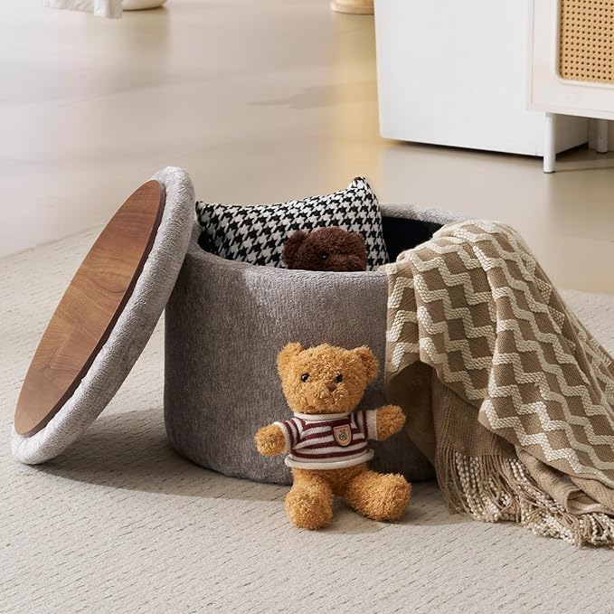 Modern Round Storage Ottoman with Reversible Tray Lid ,Chenille Ottoman Foot Stools , Ottoman Footstool with Hidden Storage , Storage Ottoman for Living Room , Multi-Functional Footrest , Light Grey