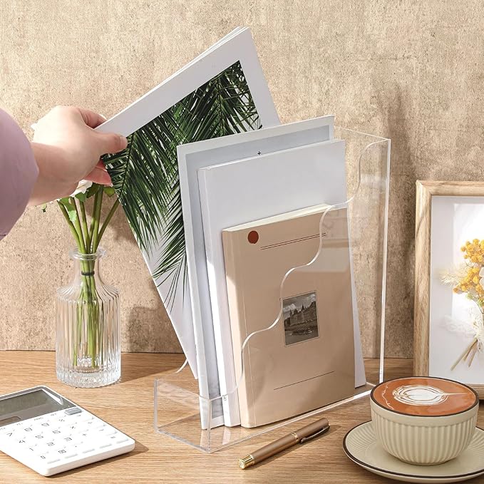 Engrowtic Clear Acrylic Magazine File Holders, Water Ripples Vertical File Organizer, Acrylic Files Holders for Desk Office Classroom Home Decor Document Storage Organizer