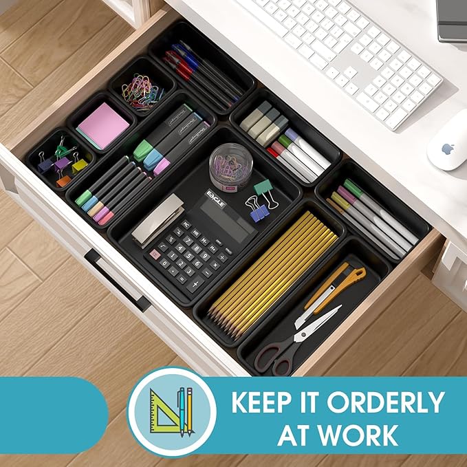 25 PCS Drawer Organizer Set, 4 Size Makeup Drawer Divider Organizer With Non-Slip Pads, Interlocking Plastic Storage Bins for Office,Jewelry Vanity,Gadgets, Bathroom,Kitchen, Black