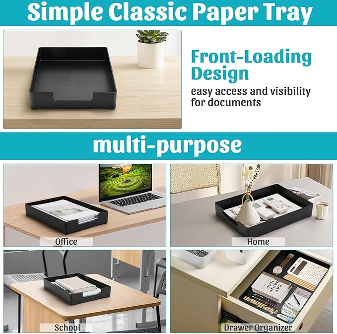 Letter-Size Tray Desk Letter Tray Paper Tray, Sturdy Heavy-Duty Plastic Printer Paper Tray, Single-Tier Stackable File Storage Organizer for Office Home (Black ×2)