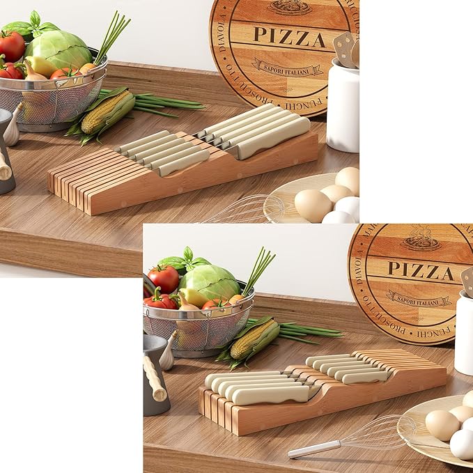 In-Drawer Knife Block Organizer - Bamboo Wood Drawer Knife Organizer-Protecting Knife Organizer Block (Not Included) (Natural, 11 Knives Dock)