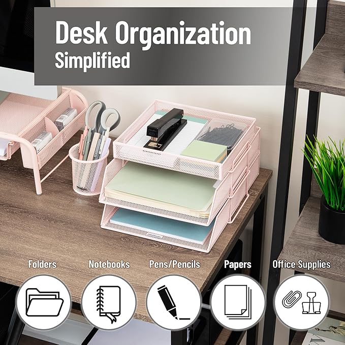 Mind Reader 2 Tier Paper Tray with Top Supply Compartment, Desktop File Organizer, Metal Mesh, Pink