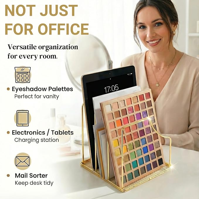 2-Pack Gold Metal File Organizer with Mesh Bottom - Vertical Magazine, Mail & Paper Sorter - 3-Slot Wire Rack for Office, Binders, Makeup Palettes - Aesthetic Desk Organizer