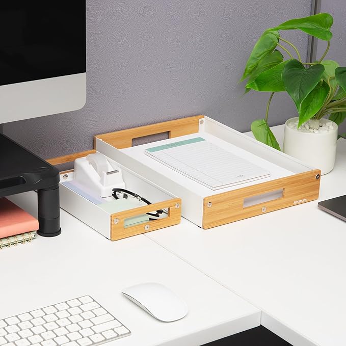 Mind Reader Metal and Wood Tiered Desktop Organizer Trays with Cutout Handles, Stackable Office Storage, Office, Entryway, Coffee Station and Home Organization, Metal and Wood, Set of 2, White