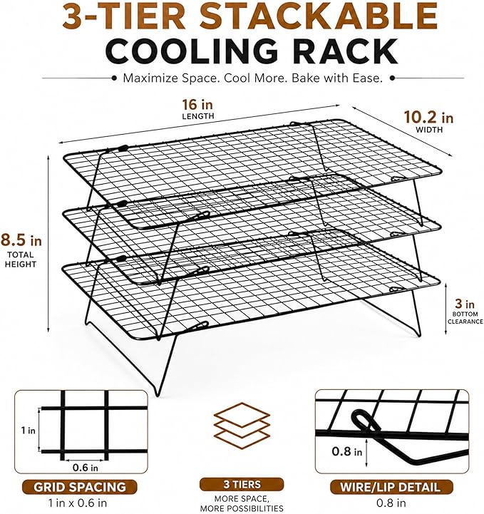 Cooling Rack, 3 Tier Stackable Cooling Racks for Cooking Baking Roasting, Multi-Level Collapsible Cookie Rack for Cakes, Oven Safe & Easy Clean (Black, 3-Tier)
