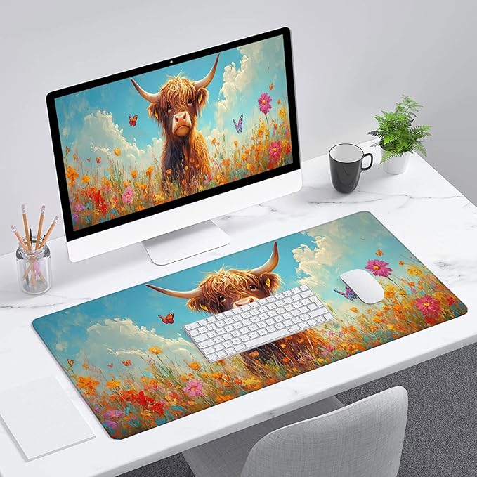 Cute Highland Cow Mouse Pad Colorful Flowers Butterfly Mousepad Extended Large Laptop Keyboard Non-Slip Rubber Base with Stitched Edges for Home Office Computer Keyboard Laptop Home 31.5x11.8 Inch