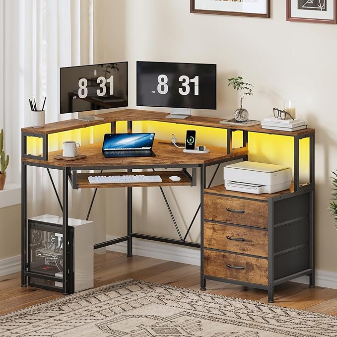YOMILUVE Corner Desk with Power Outlets, Small Computer Desk with Drawers & Printer Shelf, Triangle Gaming Desk with LED Lights, Keyboard Tray and Monitor Stand for Small Space, Rustic Brown