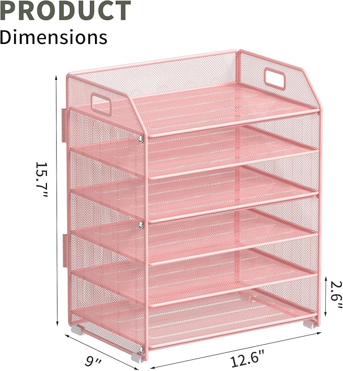 6 Trays Paper Organizer Letter Tray with Pull-Out Drawer, Assembled Mesh Desk File Holder, Metal Paper Sorter for Office Documents, Pink