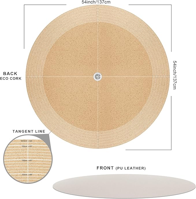 CENNBIE 54 Inches Round Table Pad - Cork & Leather Table Mat - Suitable as Side Dining Coffee Table Cover Protector - Can Be Cut to Fit (42"-54", Cream)