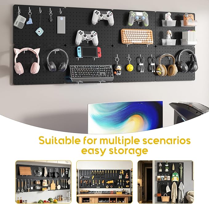 Peg Board for Tools, 8 Pack Metal Pegboard Wall Organizer with Hooks,14.76"×10.82" Black Pegboard Panels for Walls Home, Garage Tool Storage, Kitchen, Office Organization, Craft Room