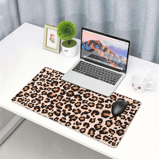 Leopard Print Large Mouse Pad & Desk Mat Cheetah Extended Mousepad with Stitched Edges Non-Slip Rubber Base Laptop Computer Keyboard Pad for Gaming, Office & Home Decor, XXL - 29.5" X 15.8"