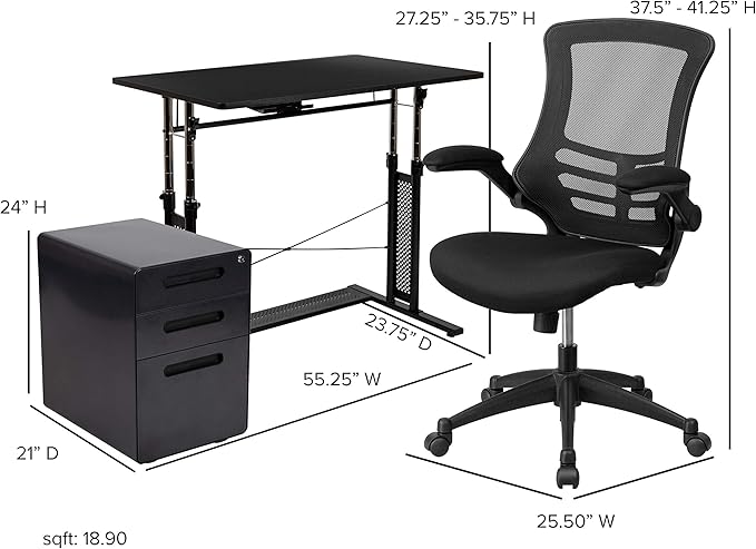 Flash Furniture Work From Home Kit - Adjustable Computer Desk, Ergonomic Mesh Office Chair and Locking Mobile Filing Cabinet with Inset Handles