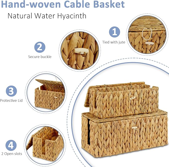 efluky 2 Pack Hand-Woven Floor Cord Covers with Lid, Water Hyacinth Cable Management Box, 2 Open Slots Cord Box to to Hide Cords Power Strip for Desk, Floor, Office