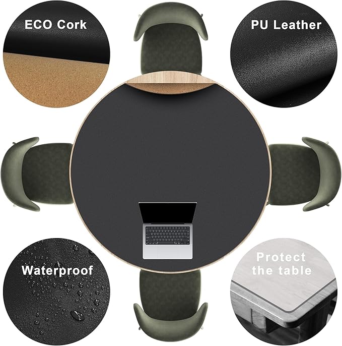 CENNBIE 54/51/47/43/40 Inches Round Table Mat - Cork Leather Table Pad - Suitable as Side Dining Coffee Table Cover Protector - Can Be Cut to Fit (Black)