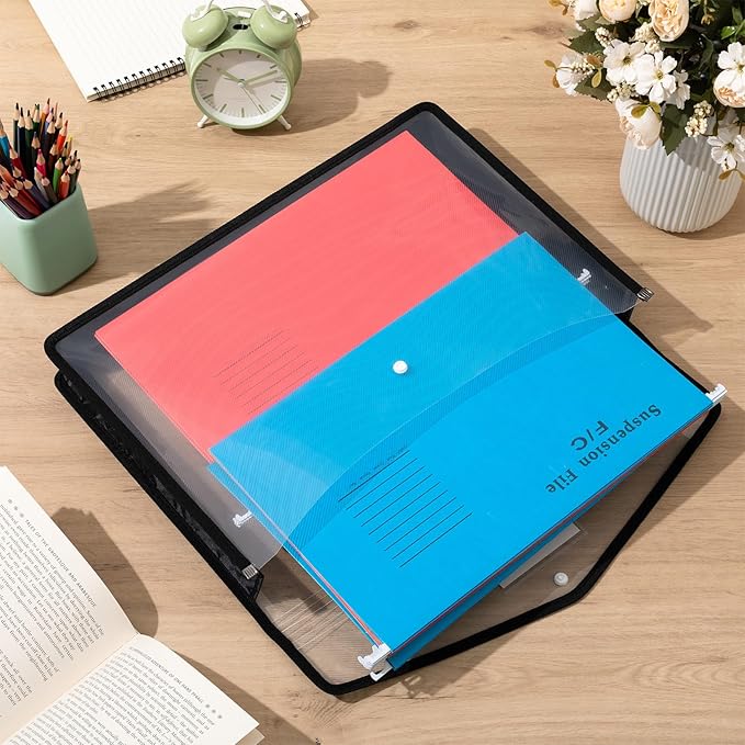 AmazingSpark 2 Pcs 11 x 17 Inch Expandable Tabloid Size Document Folder Organizers with Snap Closure & Label, Clear Plastic Expanding File Folder for A3 Ledger Size Plots Charts (Black)