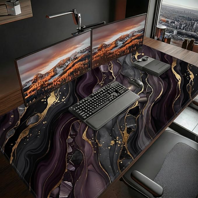 Black Gold Marble Mouse Pad 48x24in, Luxury Abstract Extended Desk Mat, Non-Slip Waterproof Keyboard Pad for Office & Gaming