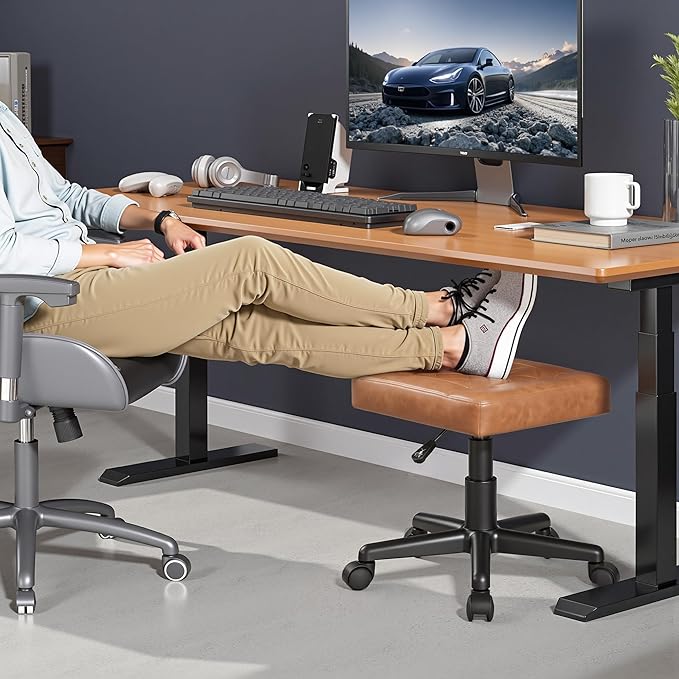 VECELO Under Desk Footrest, PU Ergonomic Foot Rest with Wheels, Comfort Padding, Height Adjustable for Relieving Leg Pain, Stiffness, and etc, Brown