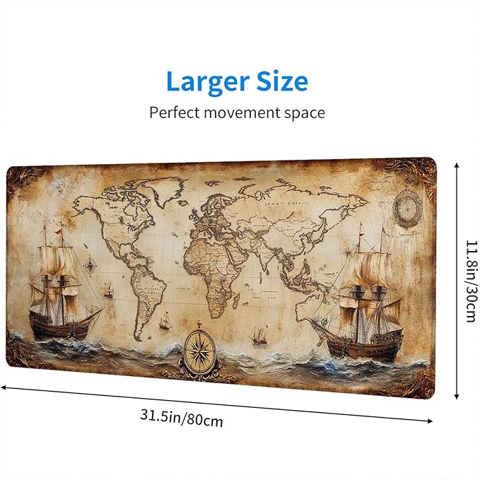 Vintage Map Mouse Pad World Ship Compass Antique Extended Mousepad Waterproof Stitched Edges Rubber Base Non-Slip Deskmap Computer Keyboard Mat Office Computer Keyboard Laptop Home 31.5x11.8 Inch
