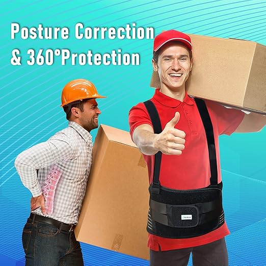 Work Back Brace with Removable Suspender Straps, Posture Corrector Protector for Heavy Lifting Safety, Lumbar Support Belt for Men Women in Construction, Moving and Warehouse Jobs S (27.5"- 33.5")