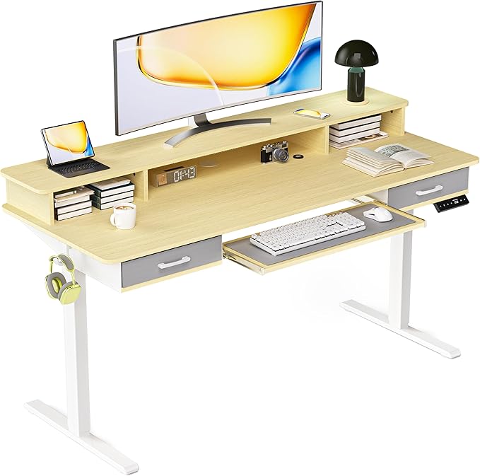 Electric Standing Desk with Keyboard Tray, 63x24 Inches Height Adjustable Stand up Desk with 2 Drawers, Ergonomic Sit to Stand Table with Storage Monitor Stand, Oak