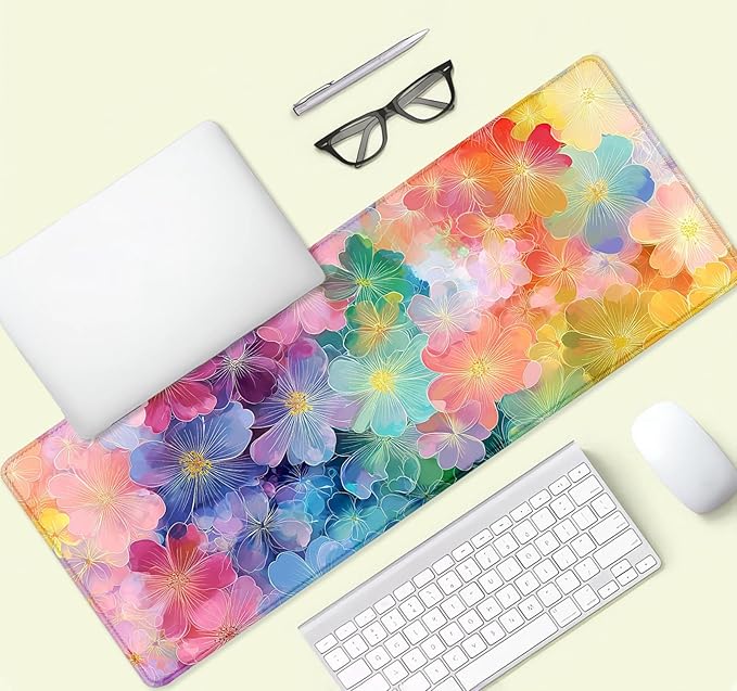 Colorful Flowers Large Mouse Pad Mat, Pink Blue Yellow and Green Pattern Desk Mat, Watercolor Beautiful Floral Desk Pads for Office, Non-Slip Laptop Computer Pad, 31.5x11.8 in