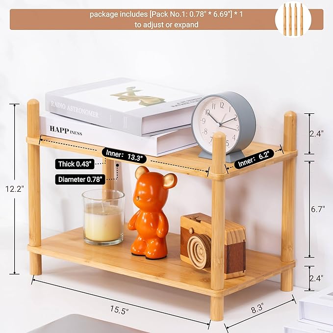 2-Tier Expandable Bamboo Desktop Organizer Shelf Kitchen Cabinet and Counter Riser Display Shelf for Top of Desk Home Office Bathroom Coffee Table Display Stand,Natural