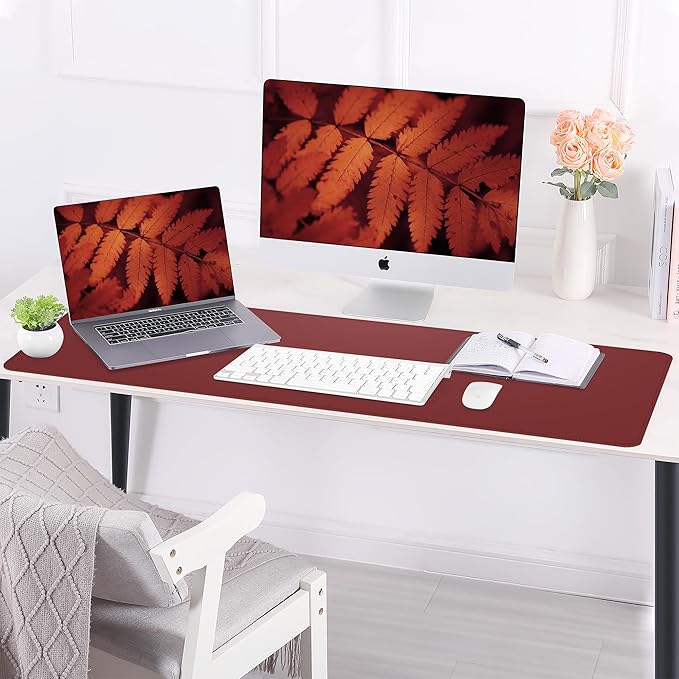 AFIING Cork Desk Mat 47" x 17", Dual-Sided Natural Cork & PU Leather Desk Pad, Non-Slip Waterproof Large Mouse Pad for Office, Home & Gaming (Red)