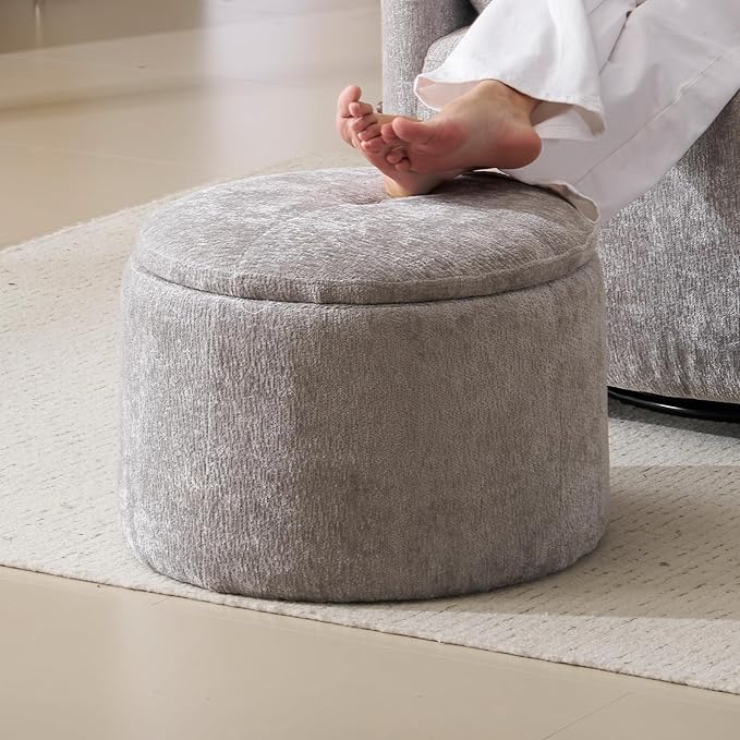 Modern Round Storage Ottoman with Reversible Tray Lid ,Chenille Ottoman Foot Stools , Ottoman Footstool with Hidden Storage , Storage Ottoman for Living Room , Multi-Functional Footrest , Light Grey
