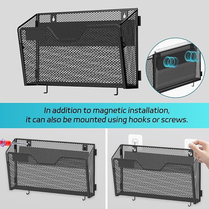 SUPEASY Wall File Organizer 3 Pack, Magnetic Mesh Wall File Holder with Hooks and Label Panel, Wall Mounted Mail Organizer for Office, Home, Classroom, Letter Size and A4 Files