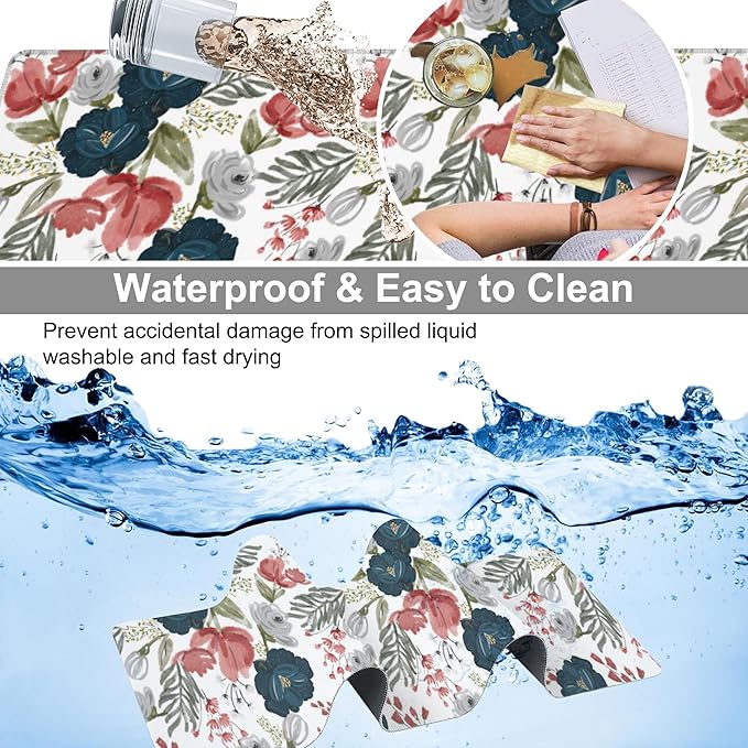 Watercolor Flowers Desk Mat,Large Colorful Floral Gaming Keyboard Mouse Pad,Non-Slip Rubber Base Desk Pad Thick Stitched Edges Waterproof Mousepad Mouse Mat 31.5"x11.8"