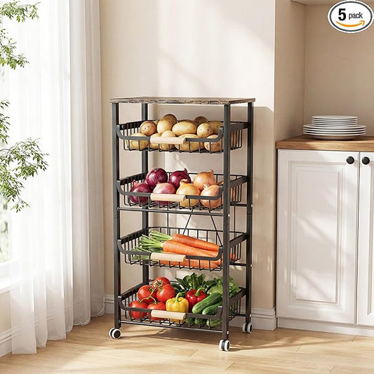 JAQ 5-Tier Fruit Vegetable Storage Cart with Wood Top, Rolling Kitchen Basket Organizer with Ergonomic Wood Handle & Wheels for Snacks Produce, Heavy Duty Metal Vianderos para Cocina Modernos, Black