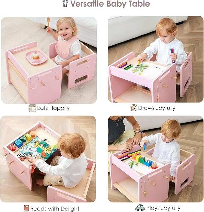 bpmfkid Montessori Weaning Table and Chair Set - Adjustable Design for Toddlers, Ideal for Mealtime, Learning, and Play, Pink