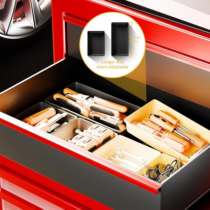 [5 Sizes] [69 PCS] Tool Drawer Organizer, Tool Box Tray, Desk Drawer Tray, Rolling Tool Chest, Toolbox Organzier (Black+Yellow)