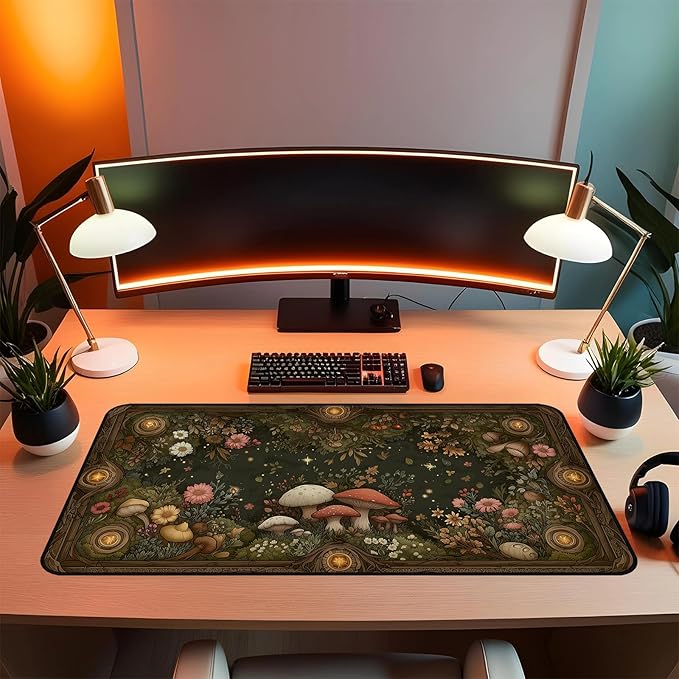 Mushroom Mouse Pad, Retro Forest Plant Flower Desk Mat,Large Gaming Mouse Mat with Stitched Edges,Non-Slip Waterproof Rubber Base Mouspad for Office Computer Keyboard Laptop Home,31.5"X15.7"