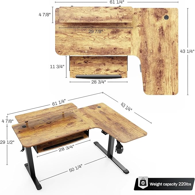 EUREKA ERGONOMIC Standing Desk with Keyboard Tray, Computer Desk, 61" L Shaped Electric Adjustable Height Desk w Monitor Stand LED, Corner Sit Stand Desk Gaming Desk, Dual Motor,Right/Rustic Brown