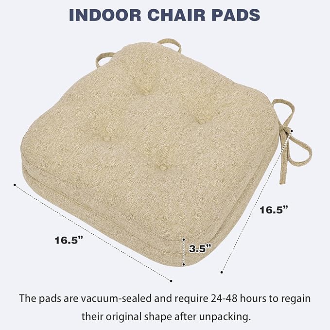 baibu Set of 2 Dining Chair Cushions, Dual-Layer Patent Design Memory Foam Kitchen Chair Cushions, Non-Slip Seat Pads with Ties, 16.5 x 16.5 x 3.5in, 2 Pack, Beige