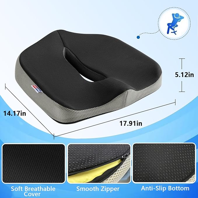 Seat Cushion for Tailbone Pain Relief, Memory Foam Coccyx Cushion for Office Chair & Car, Ergonomic Chair Pad with Non-Slip Cover & Handle, Sciatica Relief for Gaming Chair (Black)